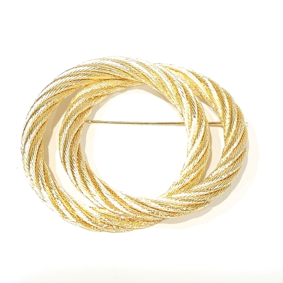 Vintage Dior Gold Tone Rope Double Circle Brooch Pin - Picture 2 of 16